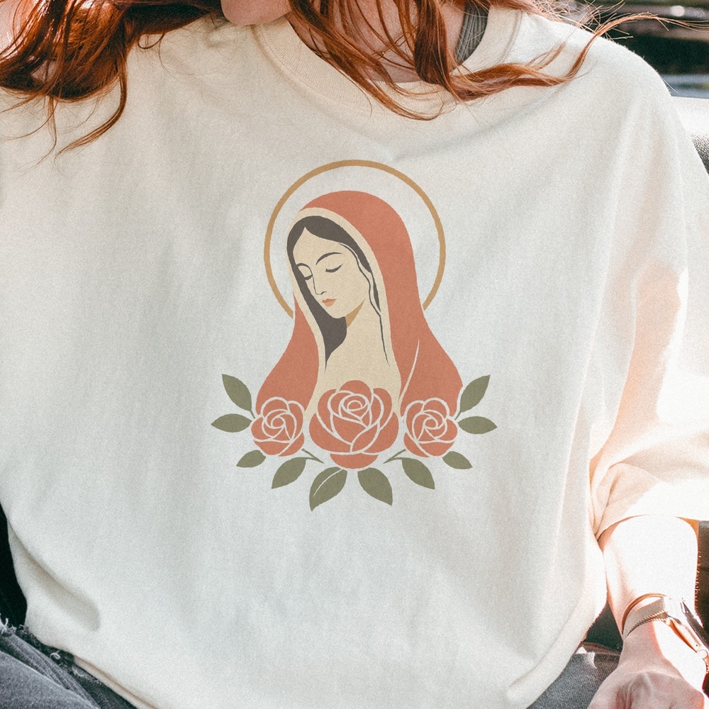 Veiled Madonna Bowing Over Three Red Roses Tee